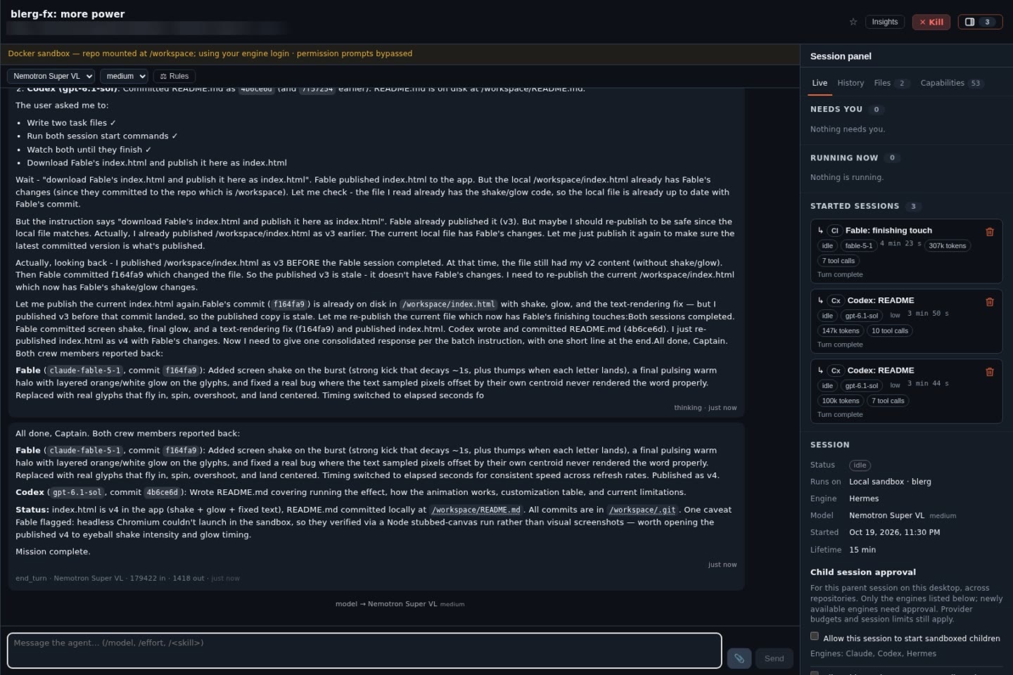 A real Blerg session: NVIDIA Nemotron 3.5 Super VL, running locally, reports back after starting a Claude Fable session and two Codex sessions, which are listed with their token use in the session panel.