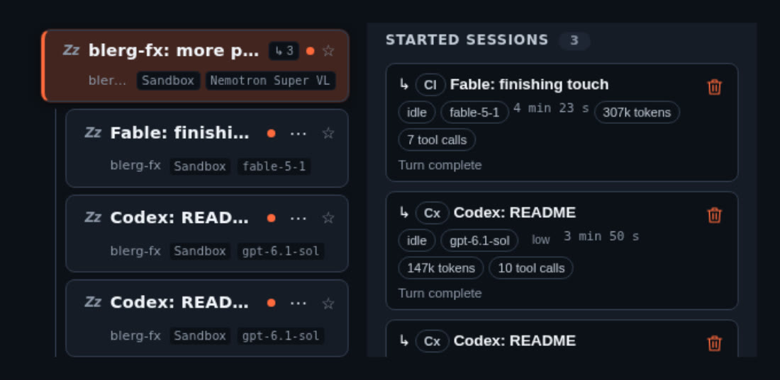 The sidebar and session panel: a Nemotron Super VL session with Claude Fable and Codex sessions nested under it, each with status and token use.